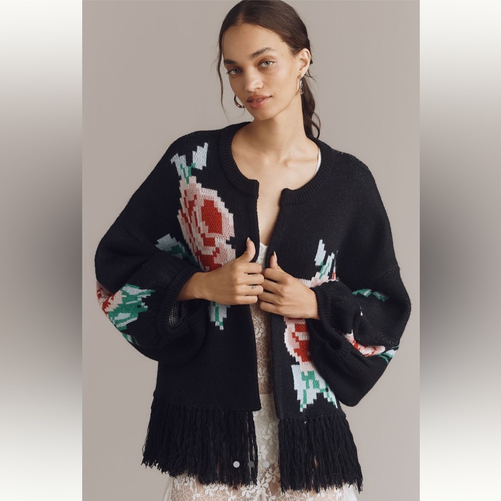 Anthropologie Bel Kazan Black Fringed Floral Cardigan Sweater OS